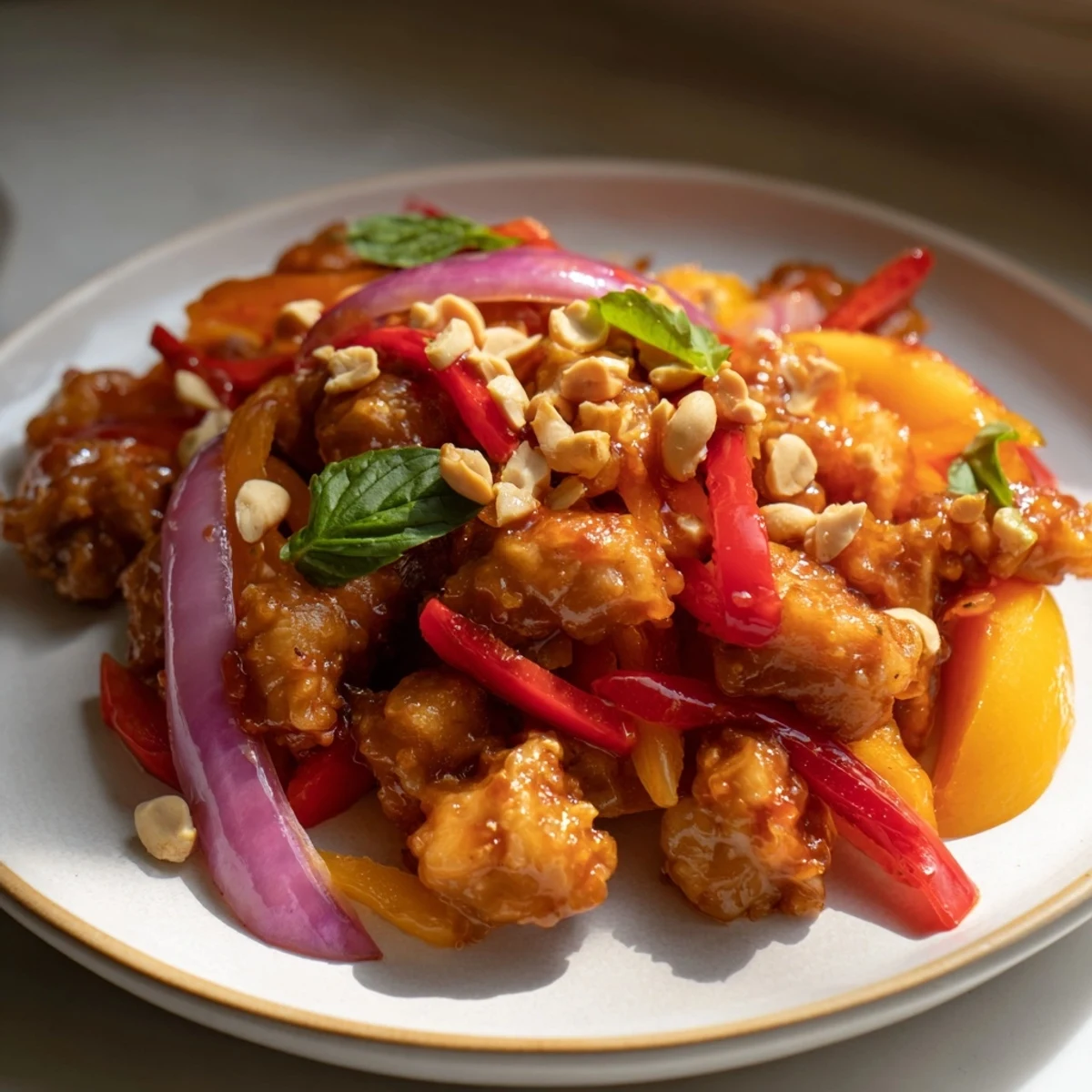 Vibrant Thai peach chicken stir-fry featuring tender meat, juicy ripe peaches, and crisp sliced vegetables