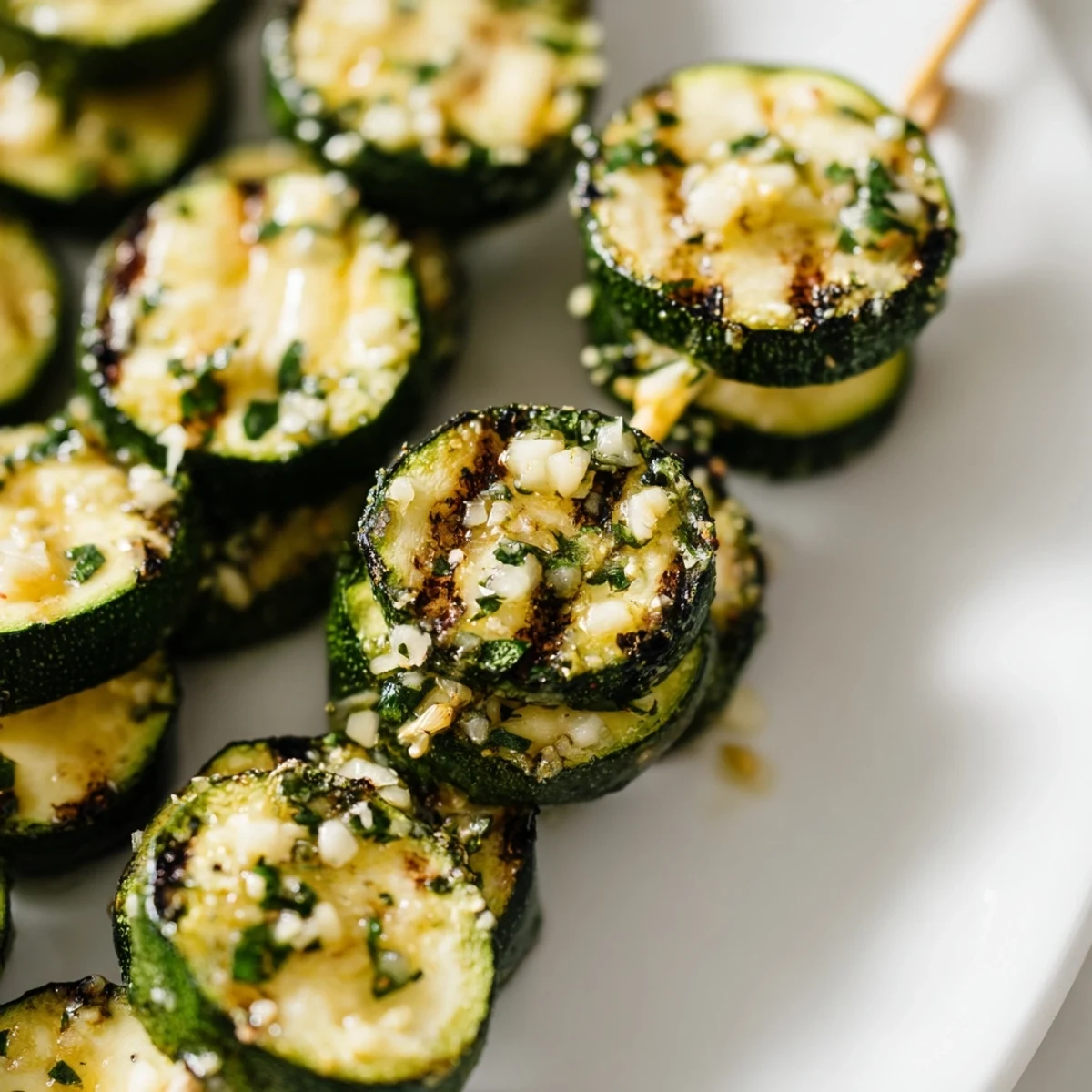 Perfectly grilled zucchini rounds on skewers basted in rich garlic butter for a simple side dish