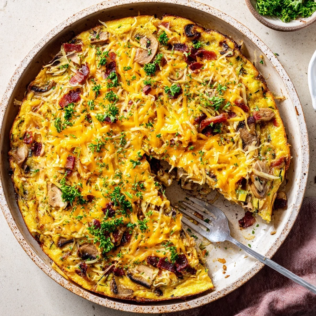 Golden mushroom zucchini and bacon family frittata with melted cheese and fresh parsley garnish