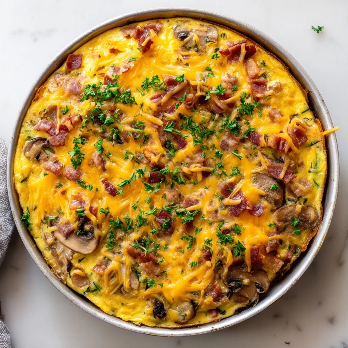 Fluffy egg frittata featuring crispy bacon diced vegetables and shredded cheddar on a wooden board