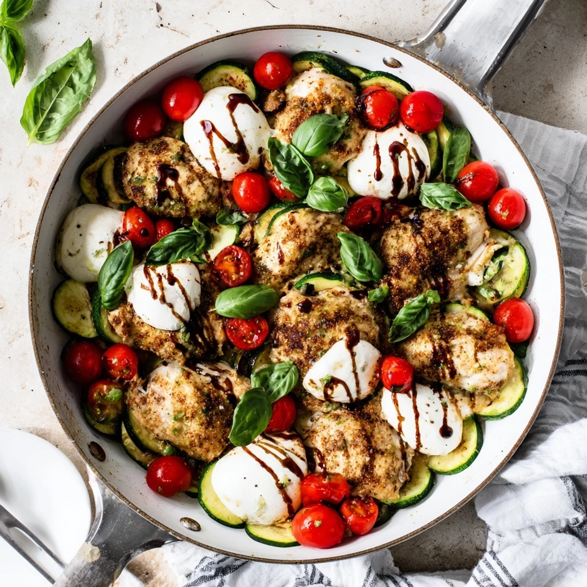 One-pan Caprese chicken skillet featuring juicy chicken, fresh vegetables, and bubbling mozzarella topped with basil
