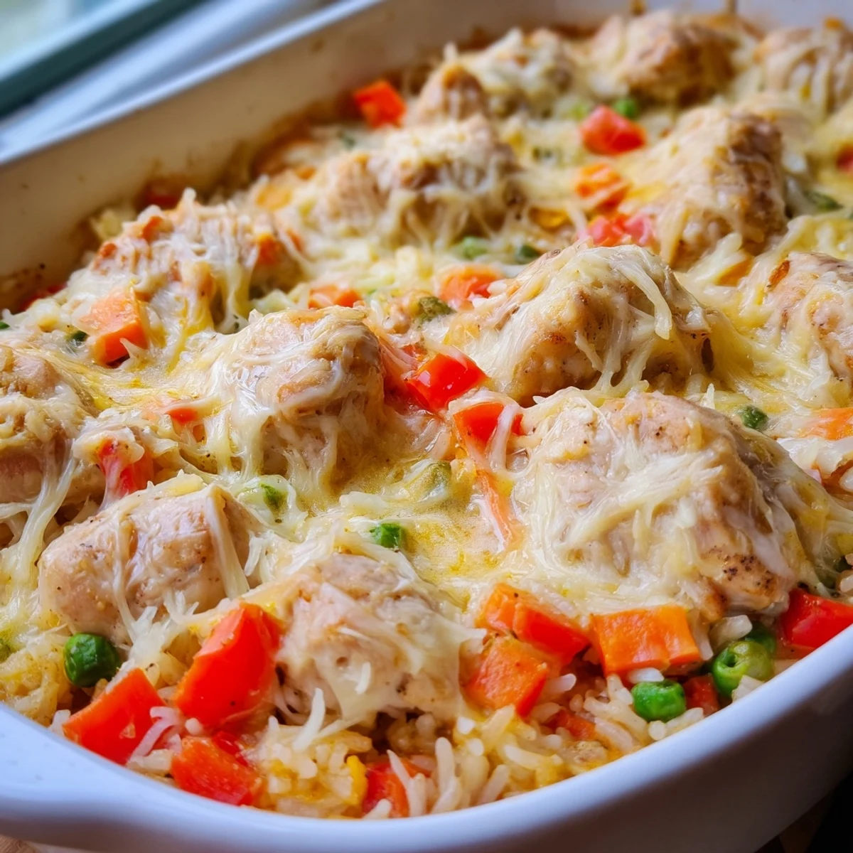 Golden melted cheese blankets Macau style baked Portuguese chicken rice with colorful vegetables