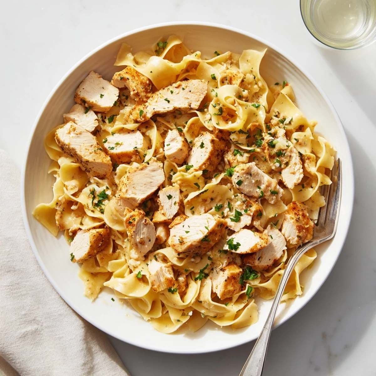 Golden brown chicken breasts nestled over silky buttered egg noodles with fresh parsley garnish in a deep skillet