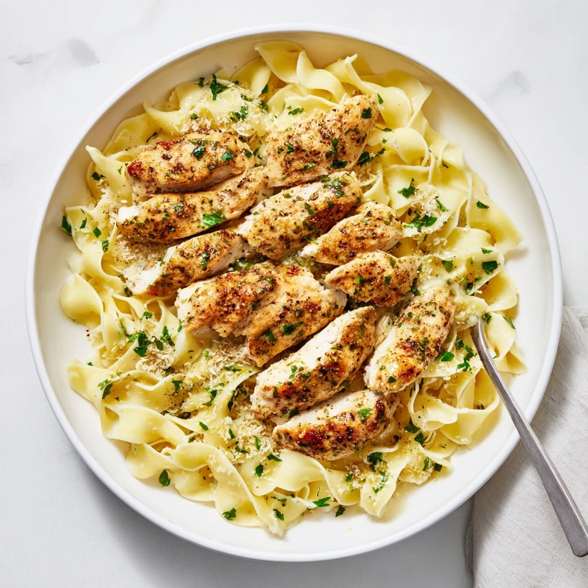 Savory one pan chicken with buttered noodles served piping hot with grated Parmesan and chopped green parsley