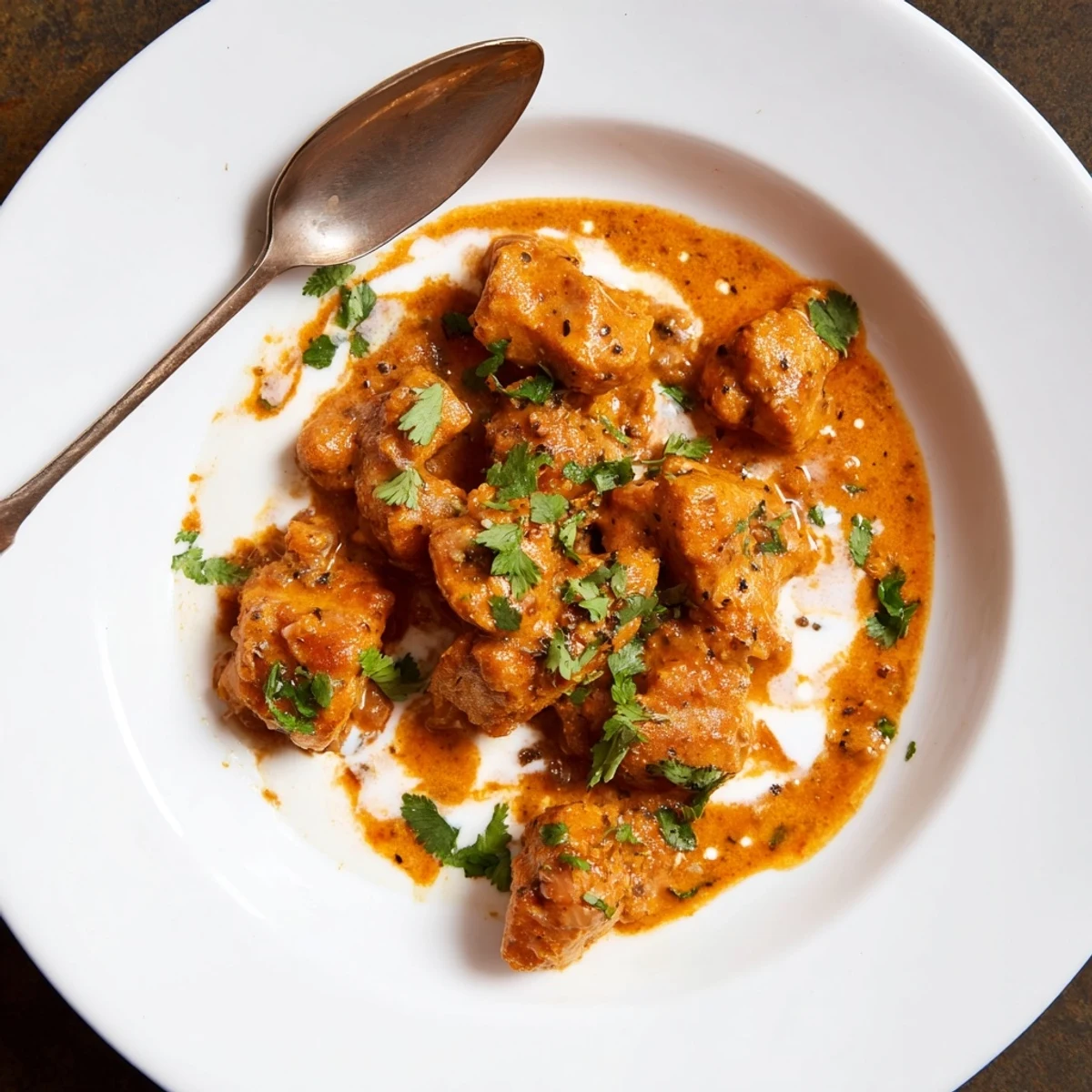 Golden tender chicken pieces swimming in a rich, velvety orange tomato-butter sauce with fresh cilantro garnish