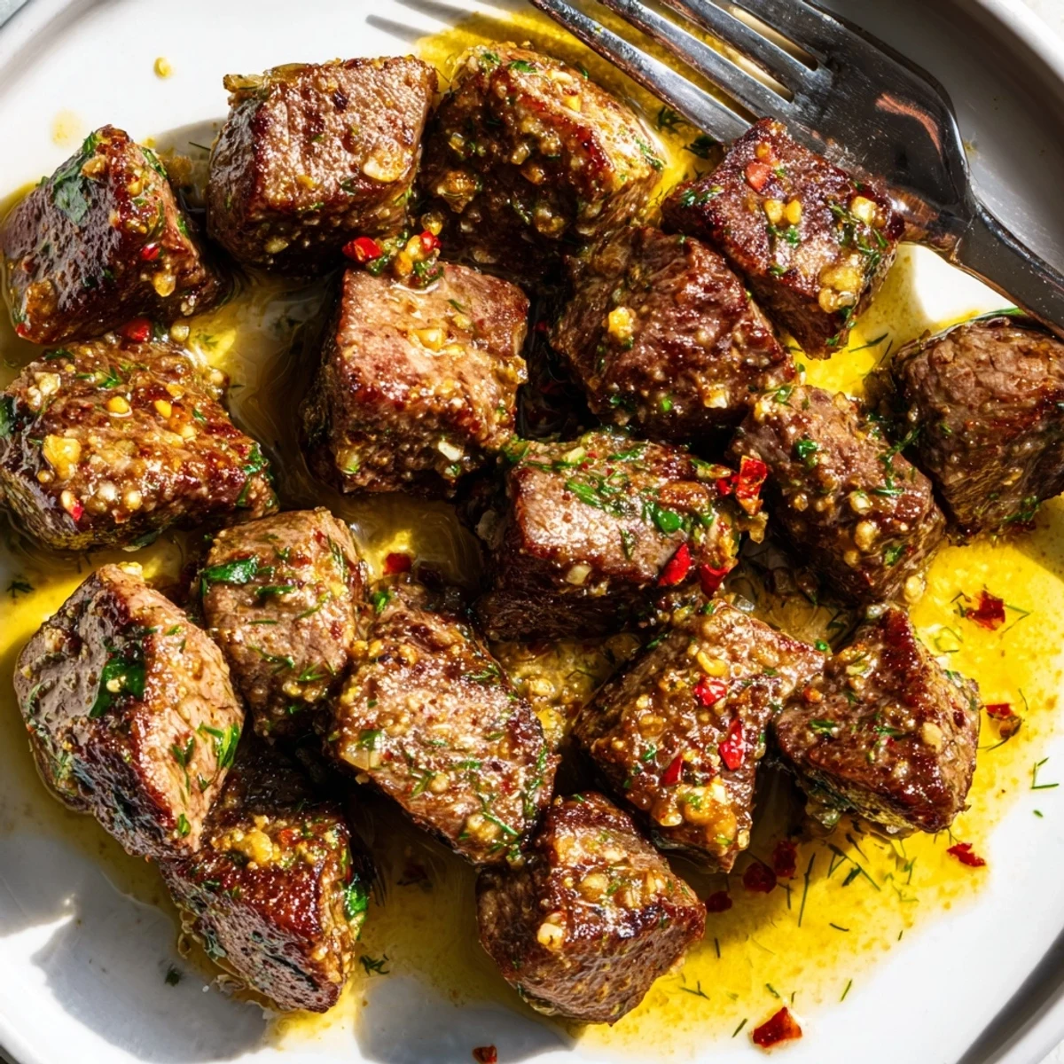 Golden seared cowboy butter steak bites coated in zesty garlic herb sauce with fresh parsley sprinkled on top