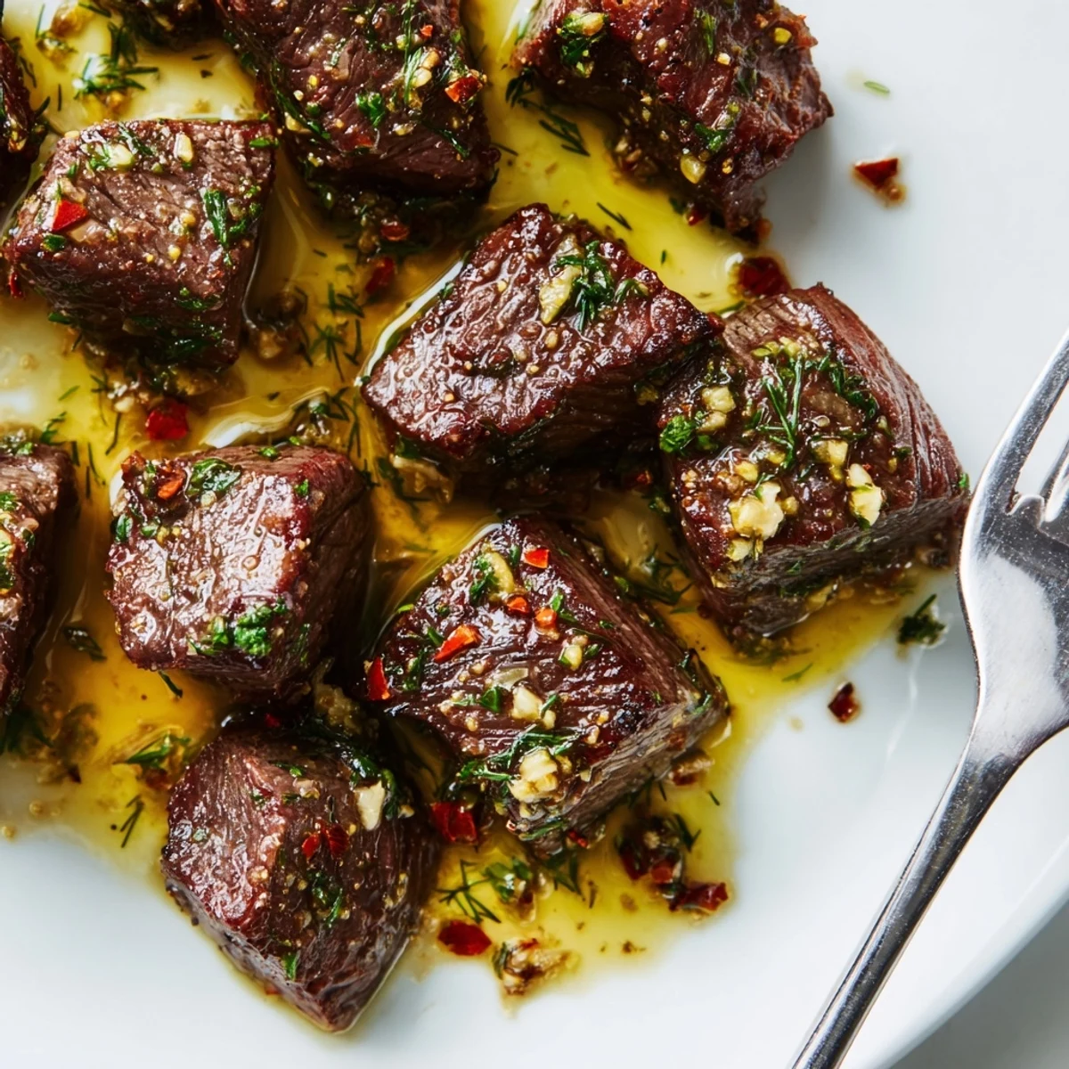 Sizzling skillet of cowboy butter steak bites tossed in melted butter with garlic and lemon zest