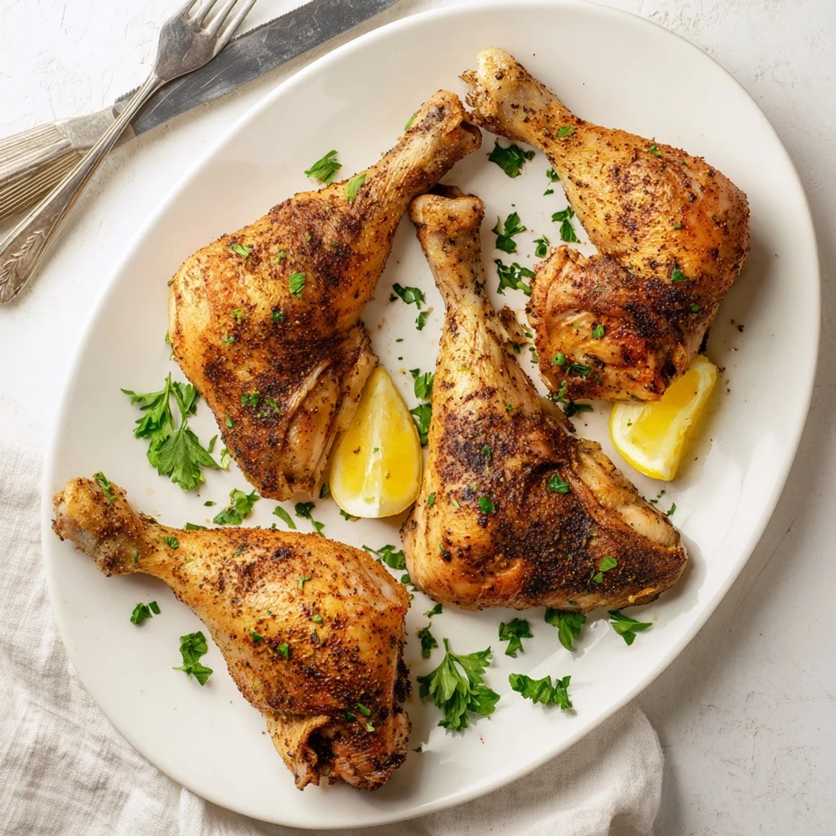 Golden baked chicken leg quarters with crispy seasoned skin roasting on a wire rack