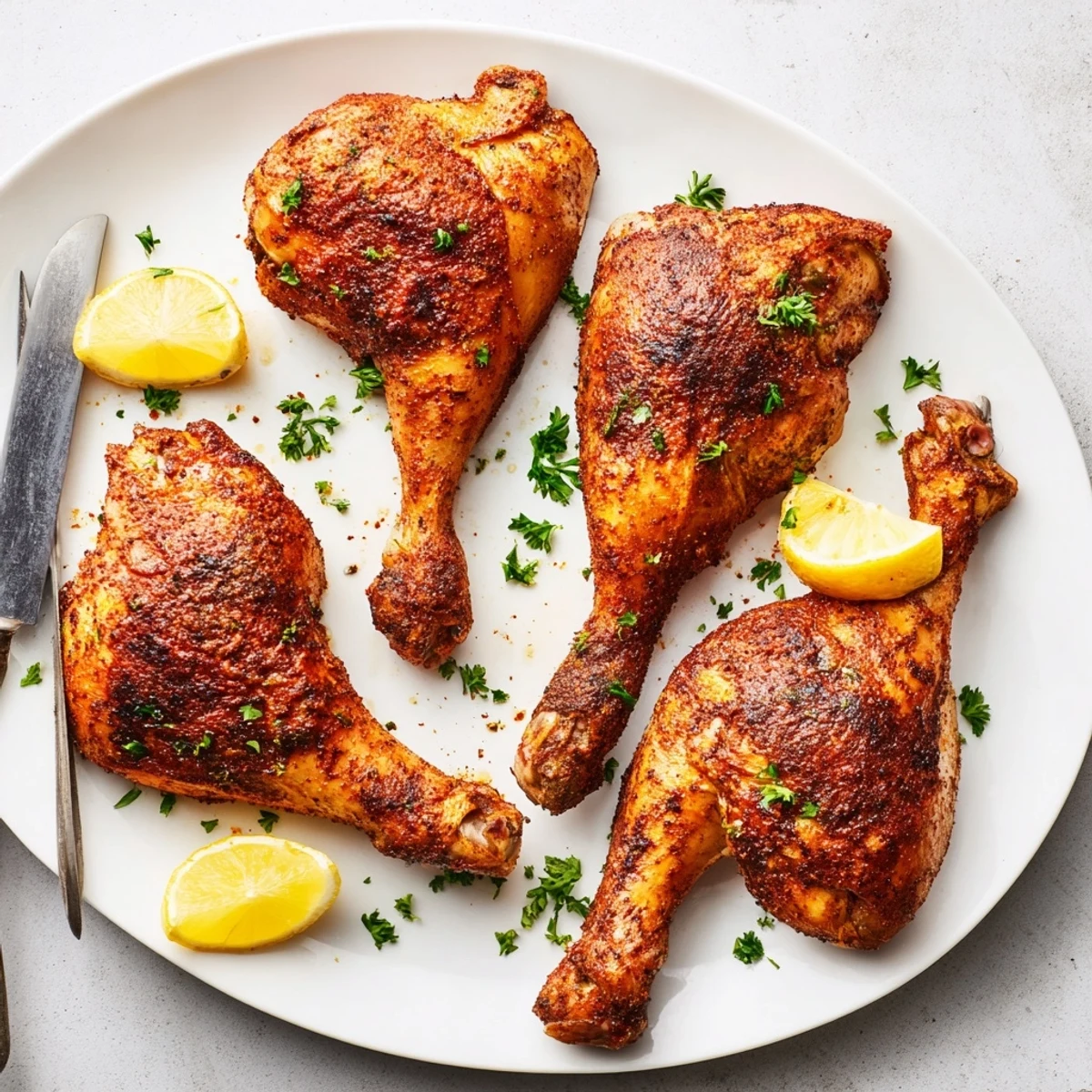 Juicy oven roasted chicken leg quarters garnished with fresh parsley and lemon wedges