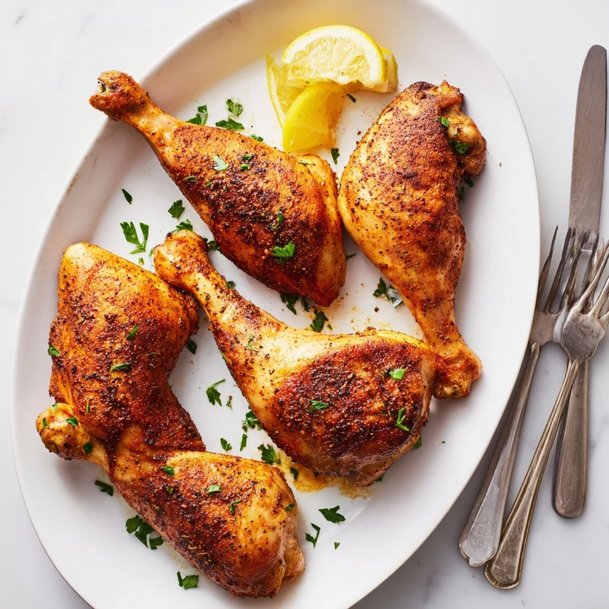 Succulent chicken leg quarters with deep golden crispy skin served as a comforting main dish