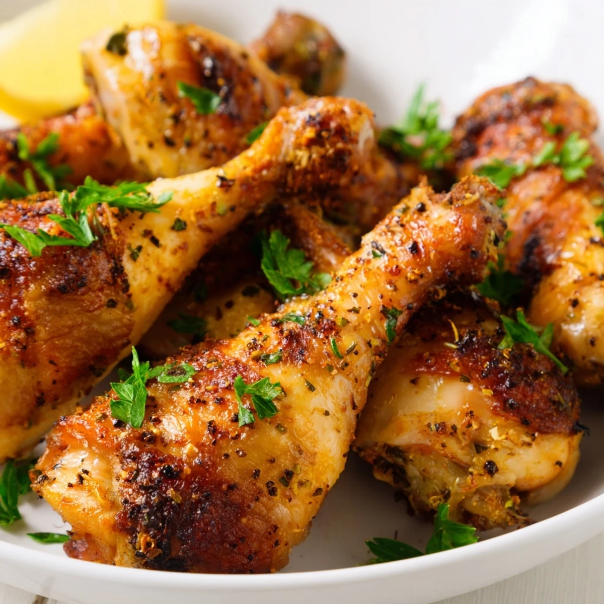 Golden crispy oven baked chicken legs seasoned with paprika and aromatic herbs on a white baking sheet