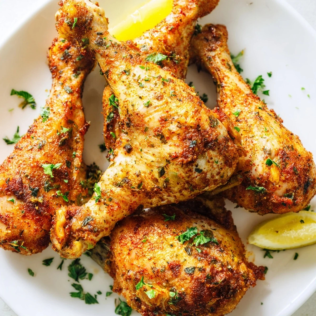 Four perfectly roasted oven baked chicken legs arranged on a wire rack with golden brown skin