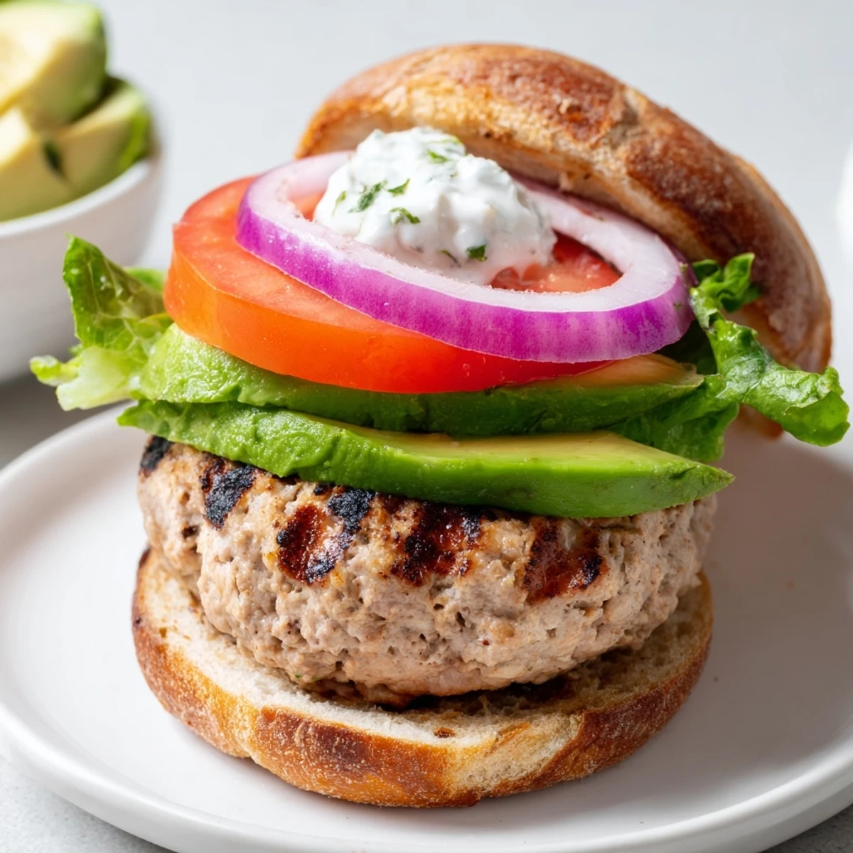 Juicy lean turkey healthy high protein burger served on toasted bun with crisp vegetables and ripe avocado slices