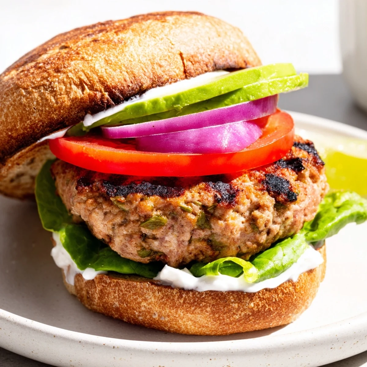 Sizzling healthy high protein burger patty topped with colorful vegetables and light sauce on a brown whole wheat bun