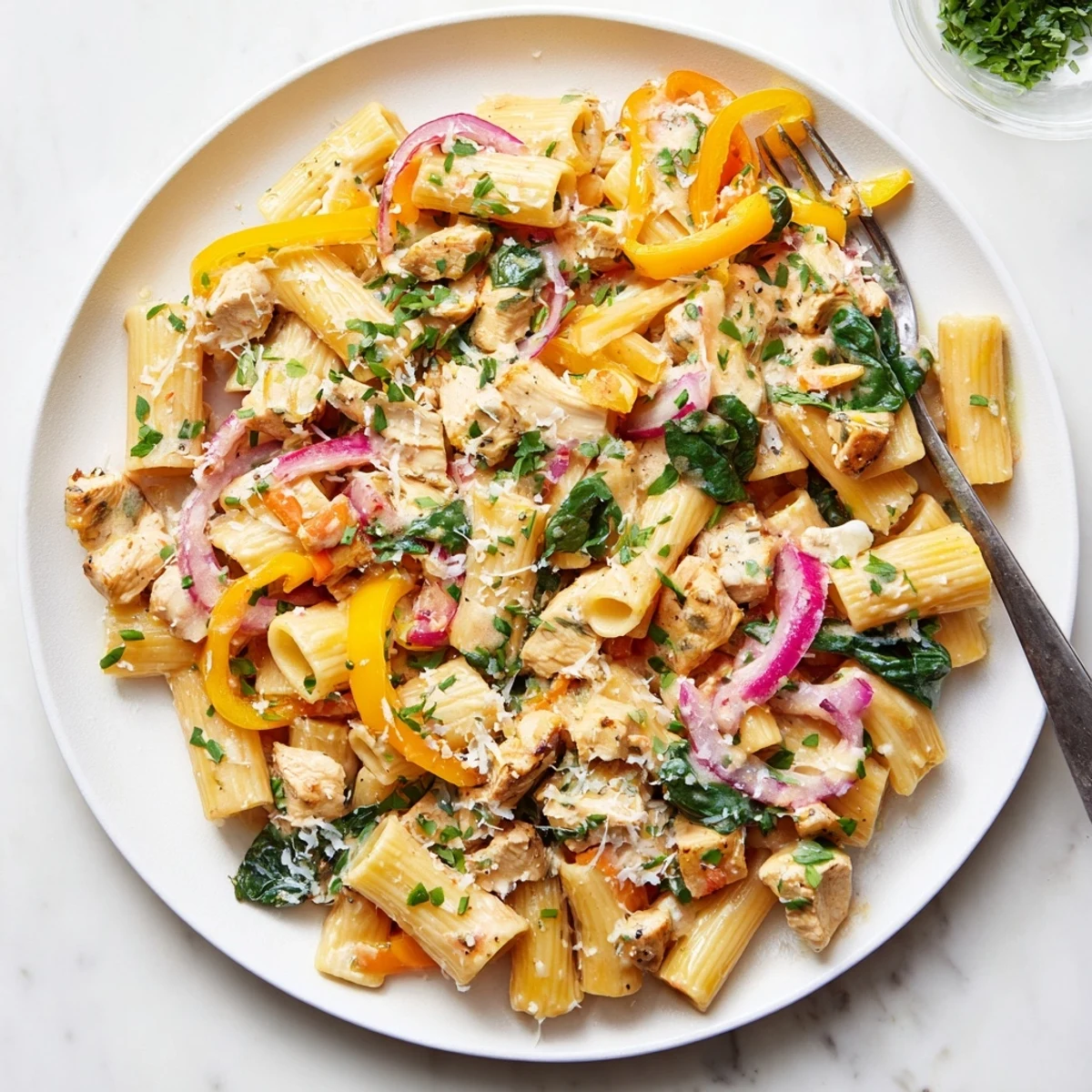 Creamy cowboy butter chicken pasta tossed with colorful bell peppers in a rich herb sauce