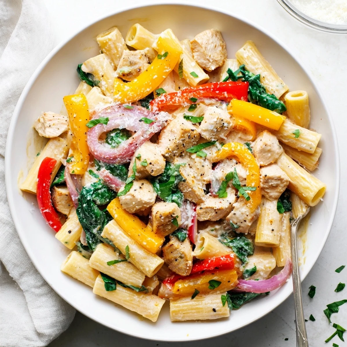 Golden chicken pieces and penne pasta coated in zesty cowboy butter sauce with fresh parsley
