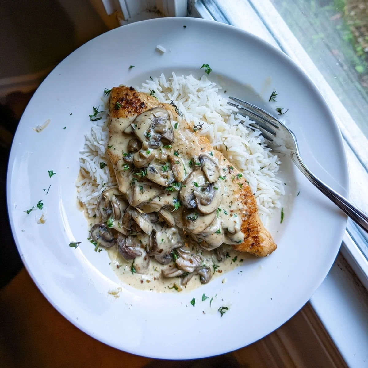 Golden seared chicken breasts nestled in rich Parmesan cream sauce over fluffy white rice in a rustic skillet
