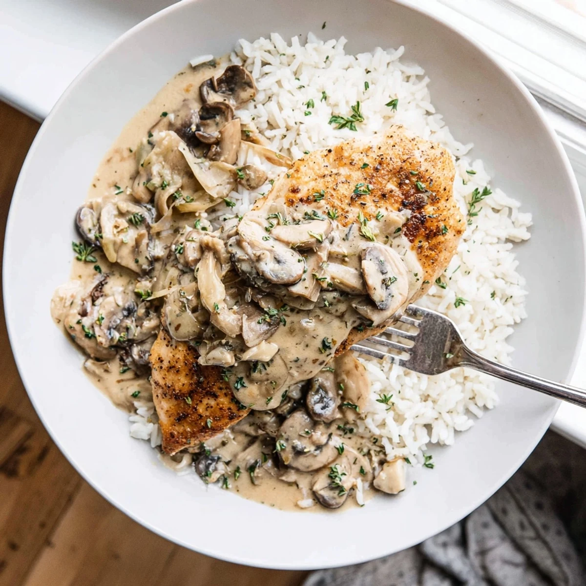 Comforting bowl of smothered chicken and rice featuring juicy chicken pieces swimming in thick mushroom garlic cream sauce