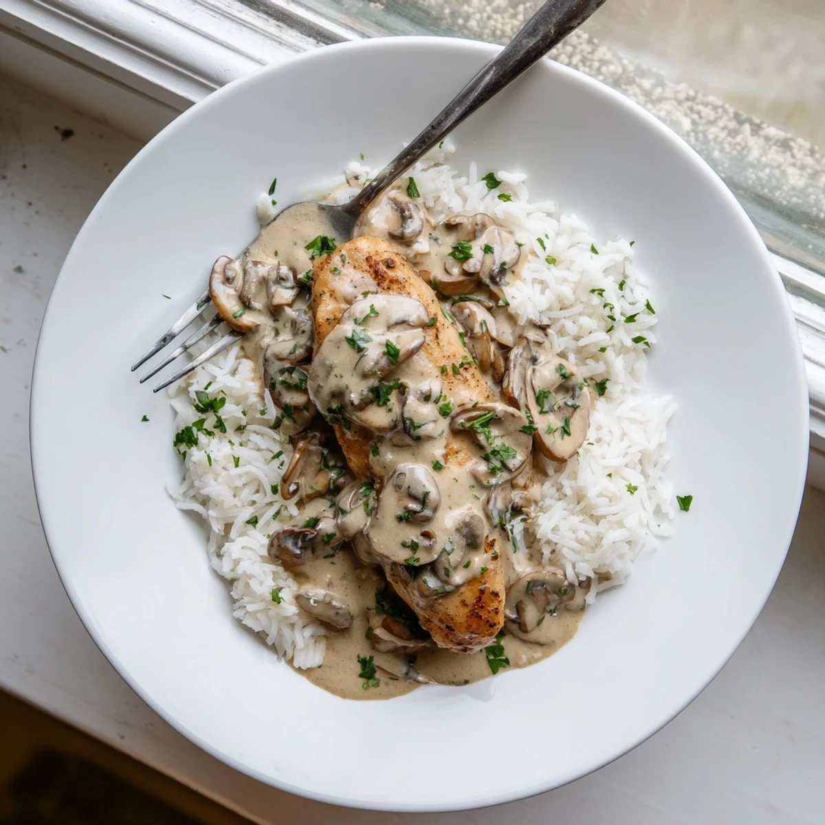 Creamy smothered chicken and rice plated family style with velvety white sauce coating tender meat and steaming grains