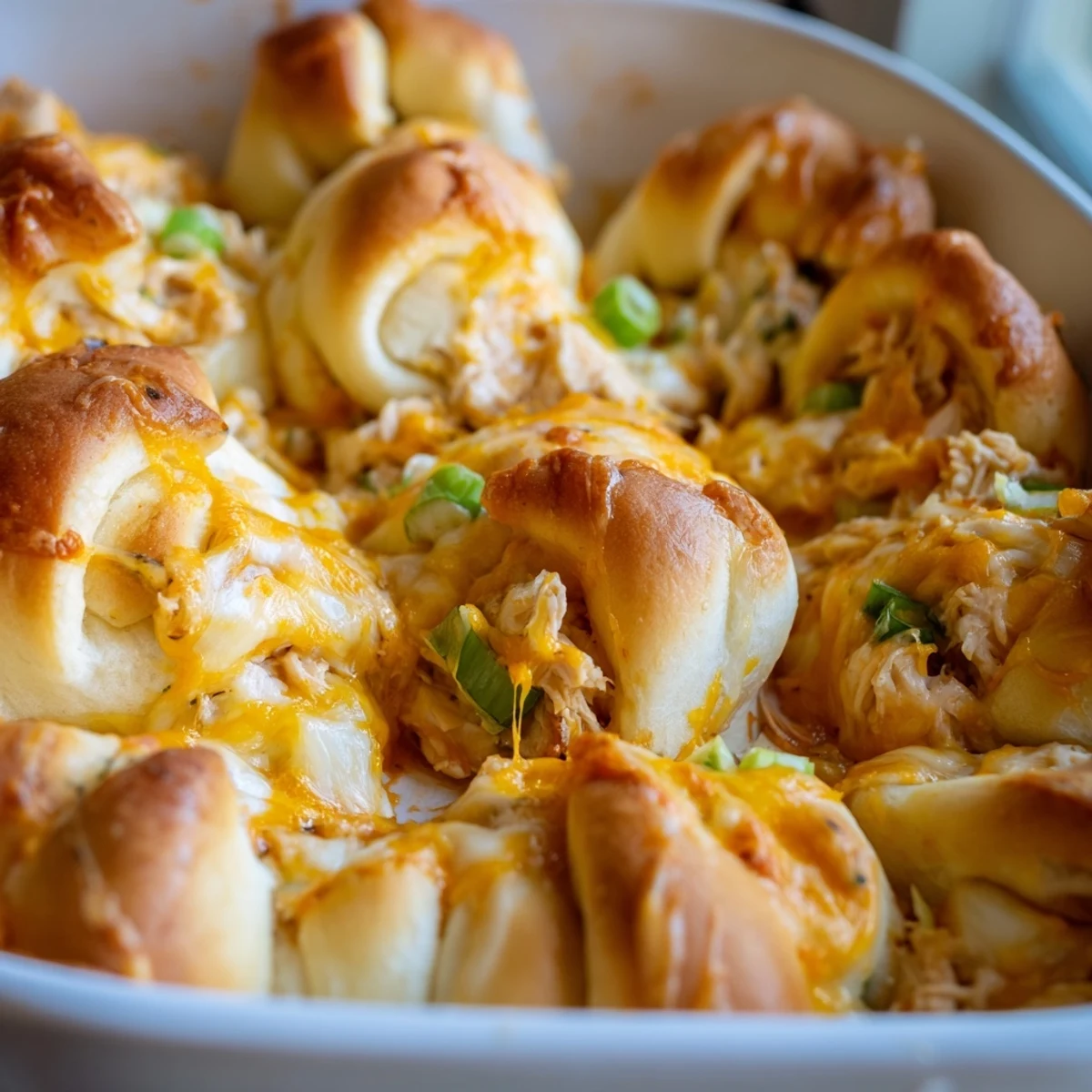 Golden brown cheesy chicken crescent bake with melted mozzarella atop flaky pastry triangles