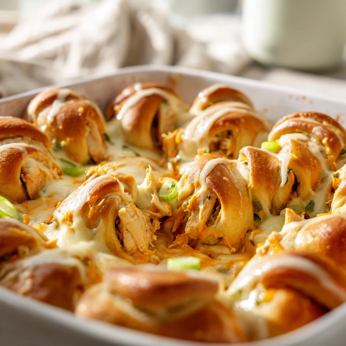 Creamy chicken and cheddar stuffed crescent rolls baked until bubbly in a casserole dish