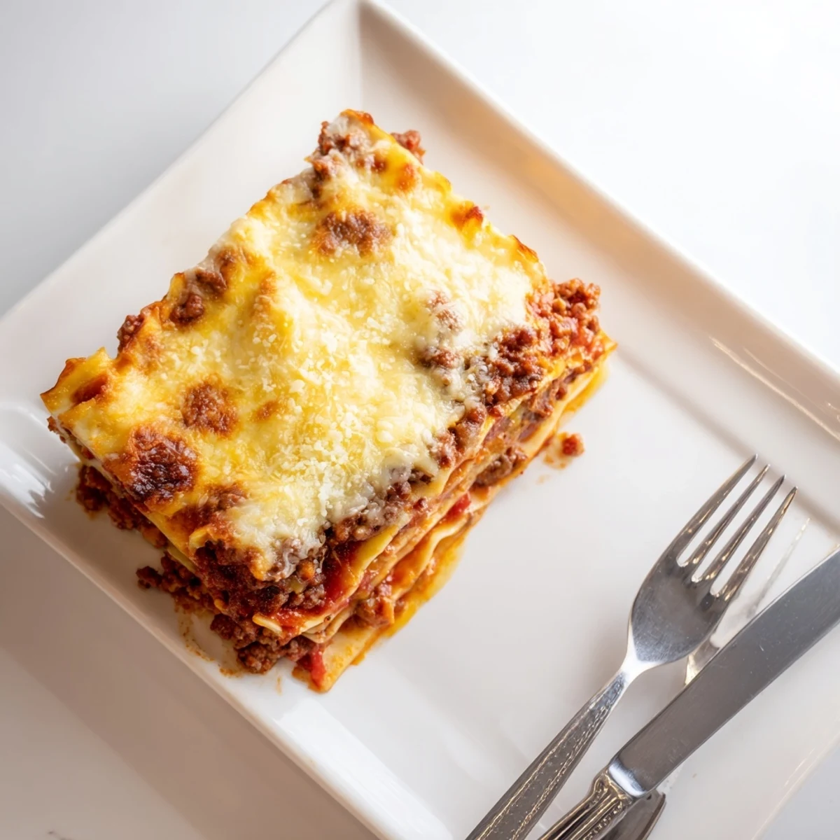 Golden-brown classic lasagna with bubbling mozzarella and rich meat sauce layers in a baking dish