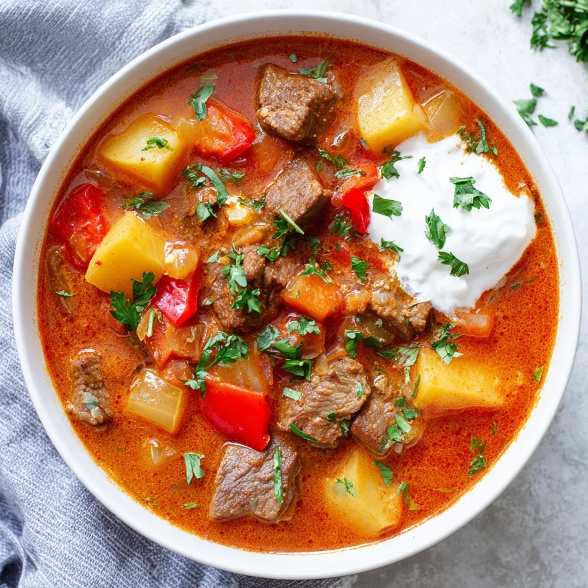 Bowl of slow cooker Hungarian goulash with tender beef chunks and vegetables garnished with fresh parsley
