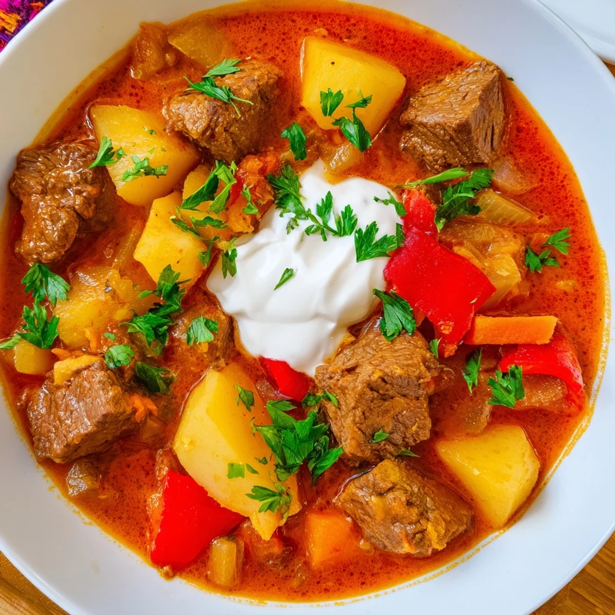 Hearty slow cooker Hungarian goulash featuring beef, potatoes, and carrots in a rich paprika broth