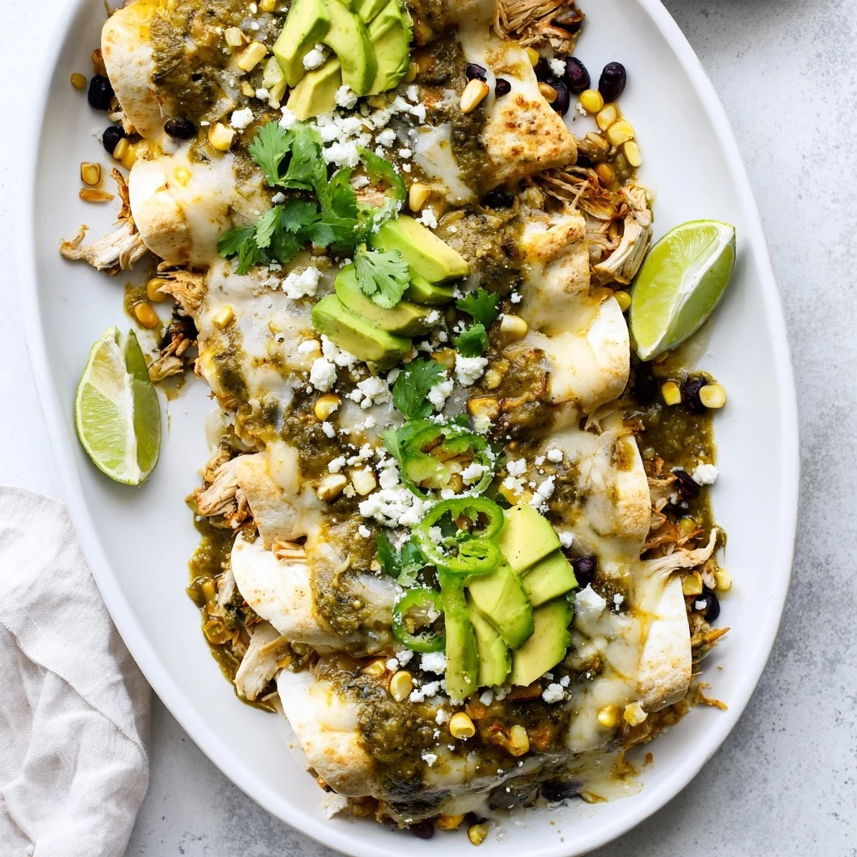 Baked chicken enchiladas smothered in tangy green salsa and bubbly melted cheese on a white plate