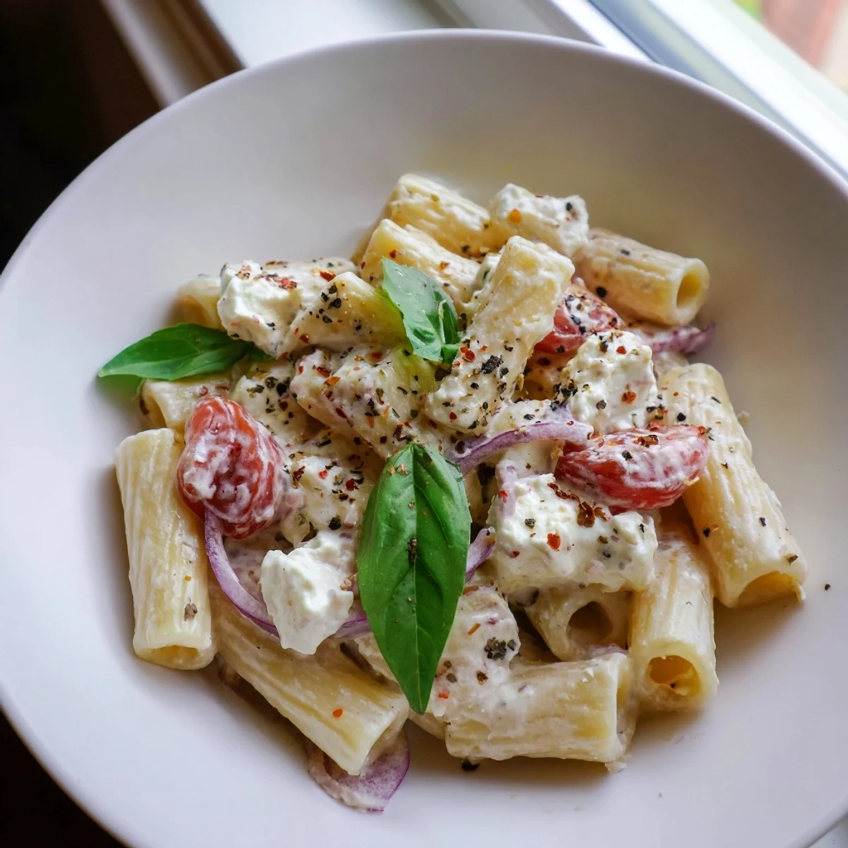 Golden roasted cherry tomatoes and creamy feta cheese sauce coating al dente pasta twirled on a white plate