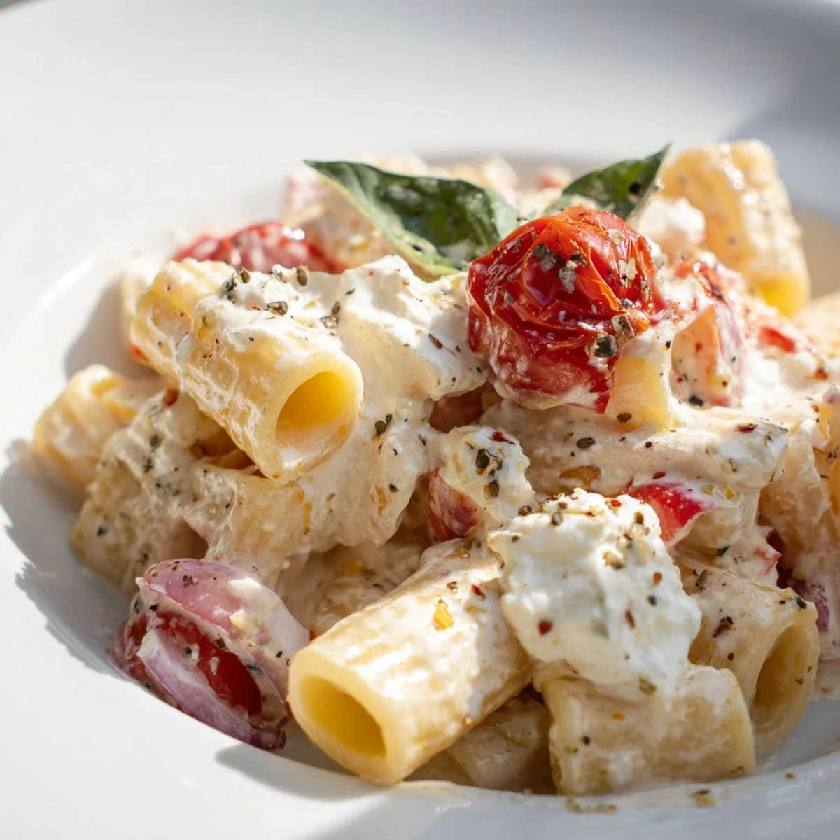 Tangy melted feta and burst tomatoes create a rich velvety sauce tossed with perfectly cooked short pasta