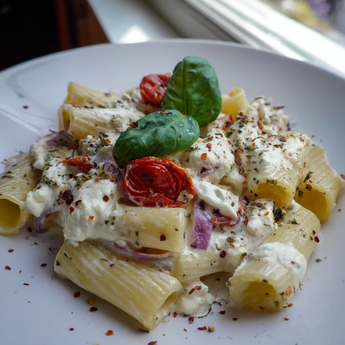 Weeknight dinner featuring Mediterranean pasta swimming in roasted tomato feta sauce topped with fresh torn basil leaves