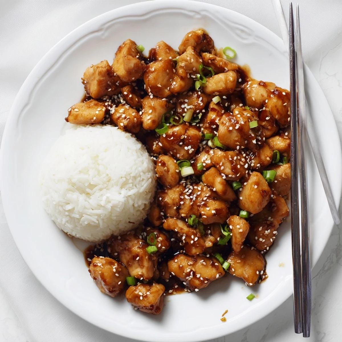 Golden Mongolian chicken pieces coated in rich brown sugar soy garlic glaze with green scallions over white rice