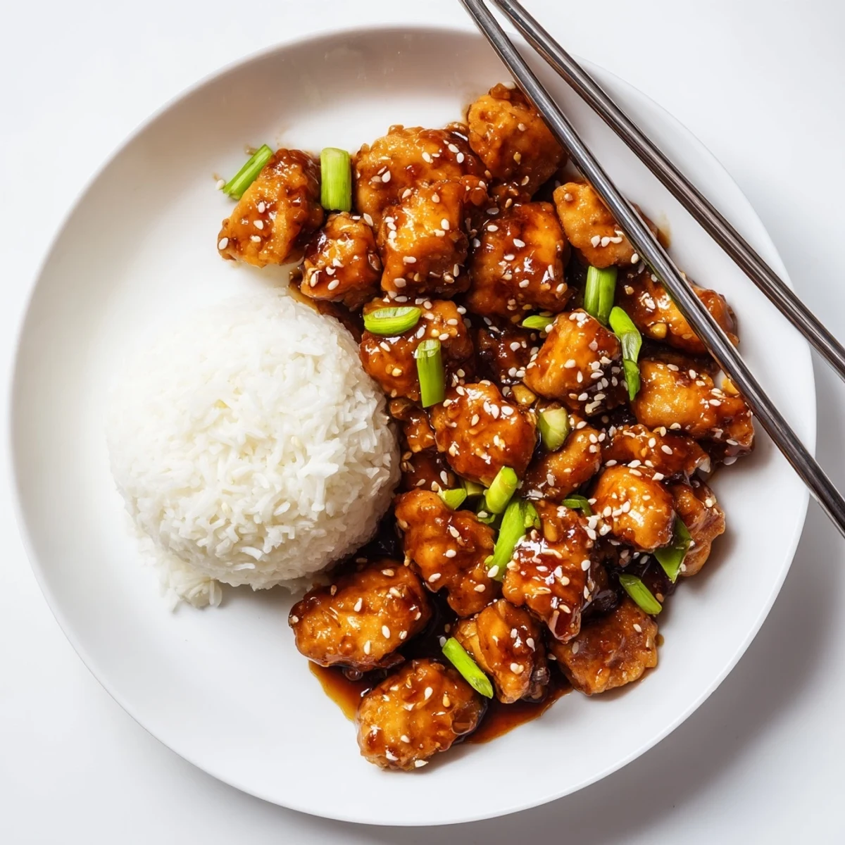 Close-up of Mongolian chicken with caramelized soy ginger sauce drizzled over meat and fresh scallion garnish