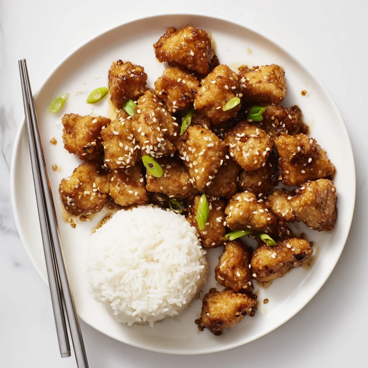 Savory Mongolian chicken stir-fry featuring tender crispy bites in thick sweet-salty sauce served on fluffy steamed rice