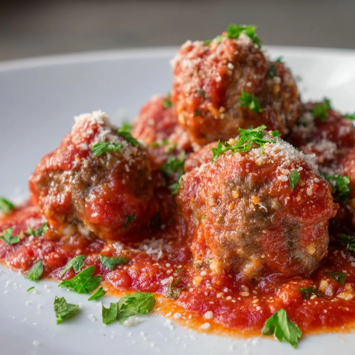 Tender authentic Italian meatballs simmered in rich tomato sauce, garnished with grated Parmesan