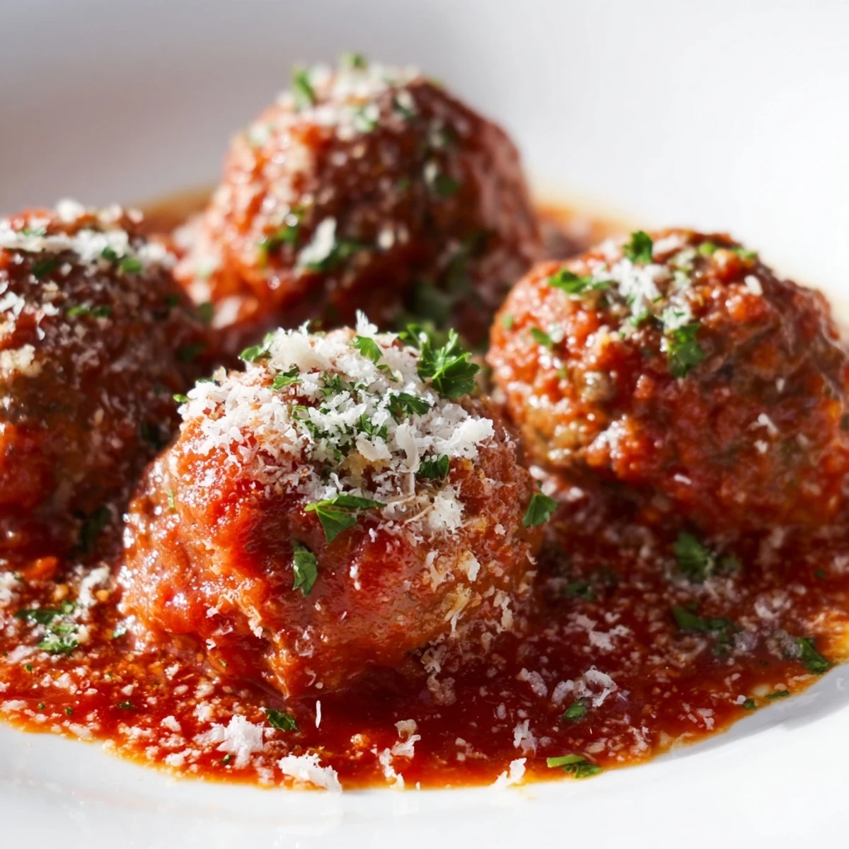 Golden brown authentic Italian meatballs served over spaghetti with fresh parsley and basil