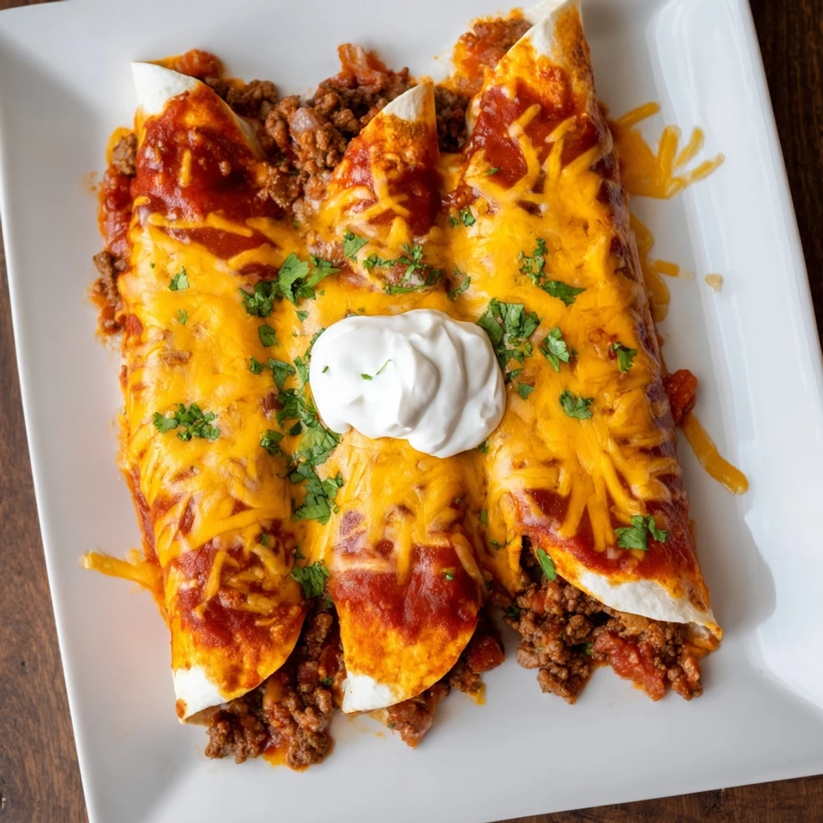 Rolled flour tortillas filled with seasoned ground beef baked in rich red enchilada sauce
