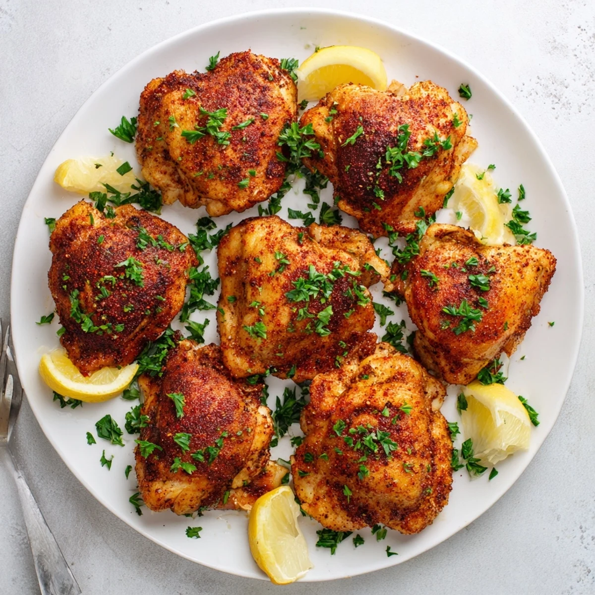 Golden brown ultimate boneless skinless chicken thighs fresh from the oven with parsley garnish