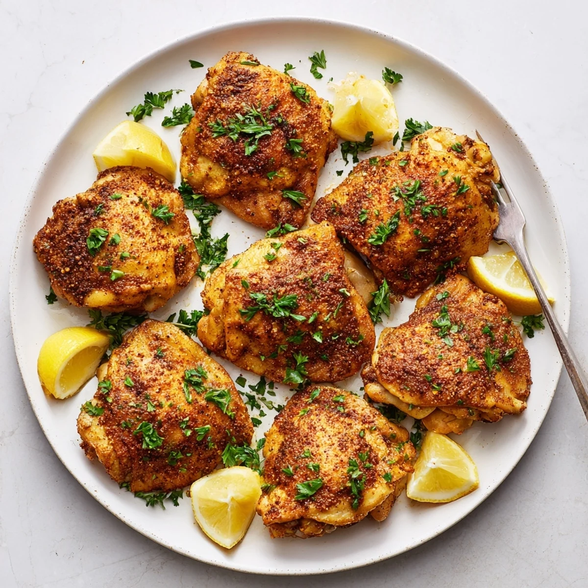 Juicy ultimate boneless skinless chicken thighs served on a white plate with lemon wedges