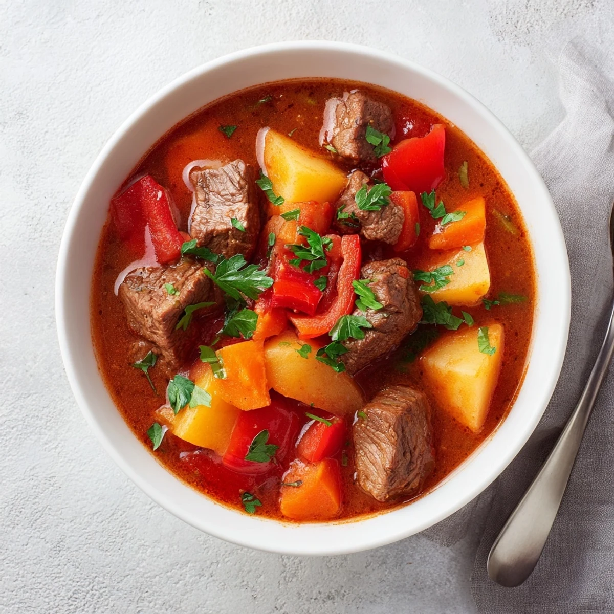 Savory slow cooker goulash showcasing beef, potatoes, and bell peppers in a deep red broth