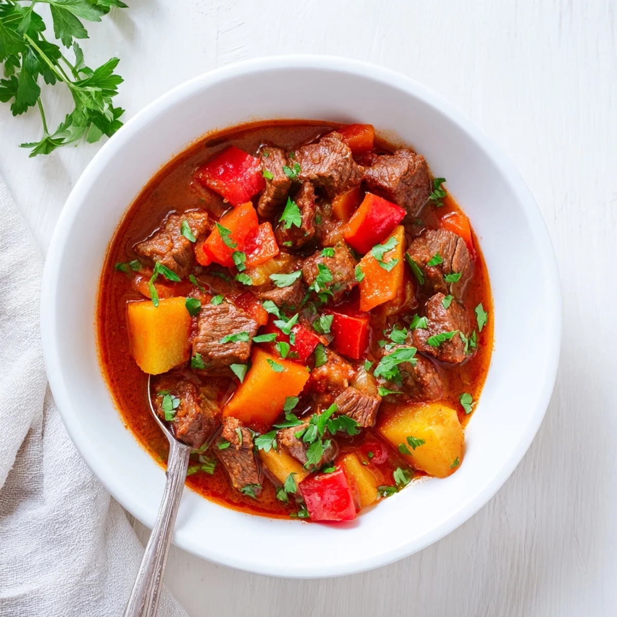 Hearty Hungarian goulash in a rustic bowl topped with fresh parsley beside crusty bread