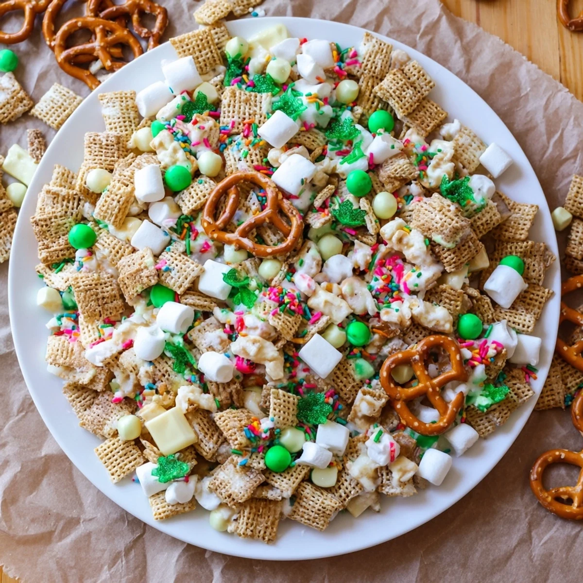 Festive St. Patricks Day Leprechaun Bait featuring green candies marshmallows and pretzel clusters in a glass bowl