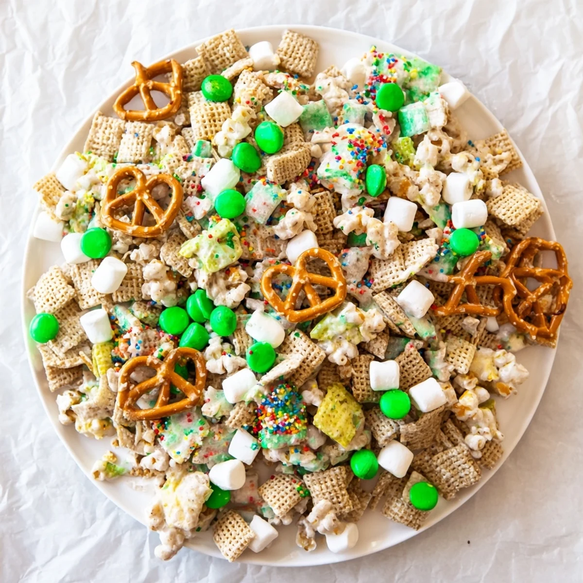 Colorful Leprechaun Bait snack mix with white chocolate drizzle and rainbow sprinkles on a wooden board