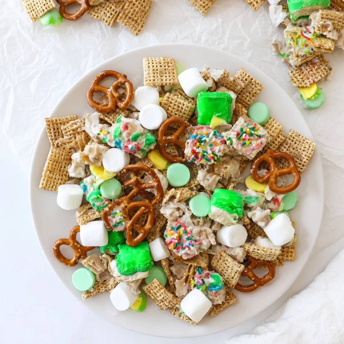 Sweet and salty Leprechaun Bait recipe with green M&Ms white chocolate coating and popcorn scattered on parchment paper