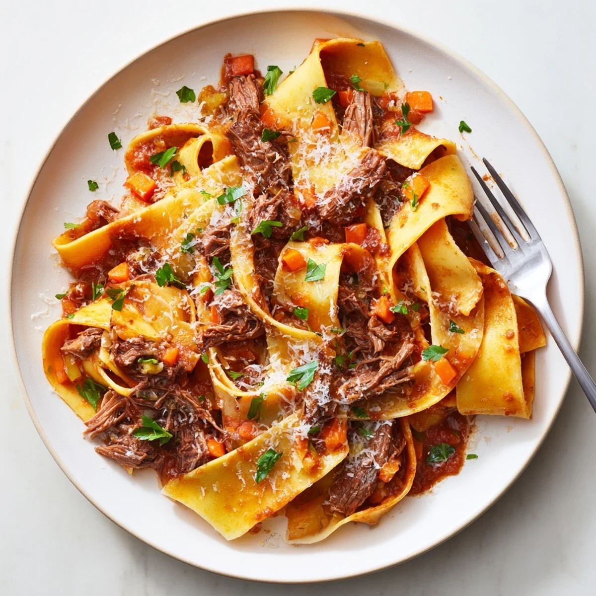 Hearty slow cooked lamb ragu with pappardelle served in a white bowl with fresh parsley sprinkled on top