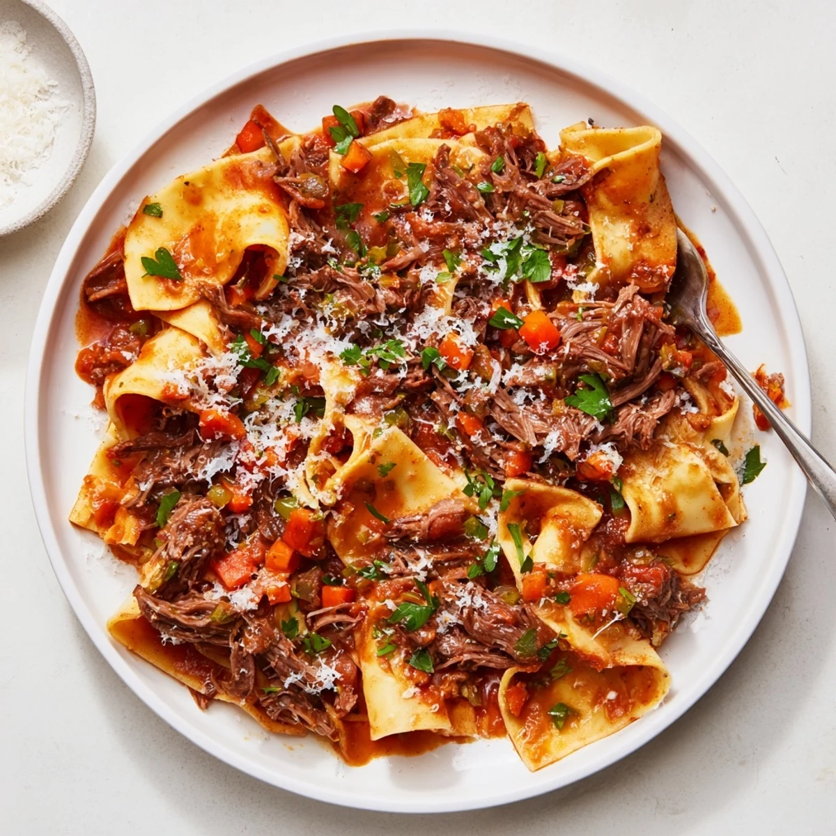 Golden pappardelle pasta tossed with slow cooked lamb ragu and garnished with grated Parmigiano-Reggiano cheese