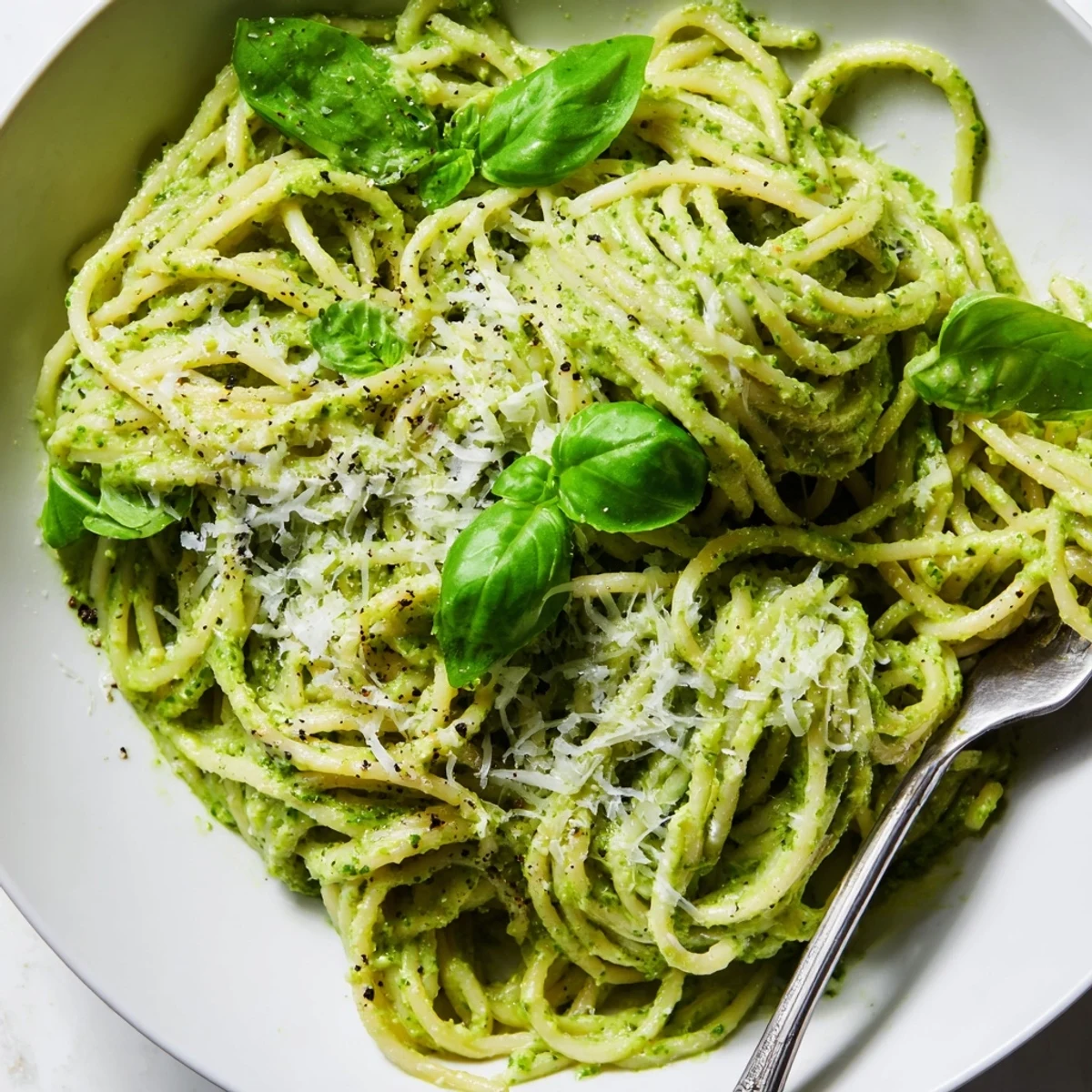 Creamy avocado spinach and basil pesto spaghetti topped with grated Parmesan and fresh basil leaves