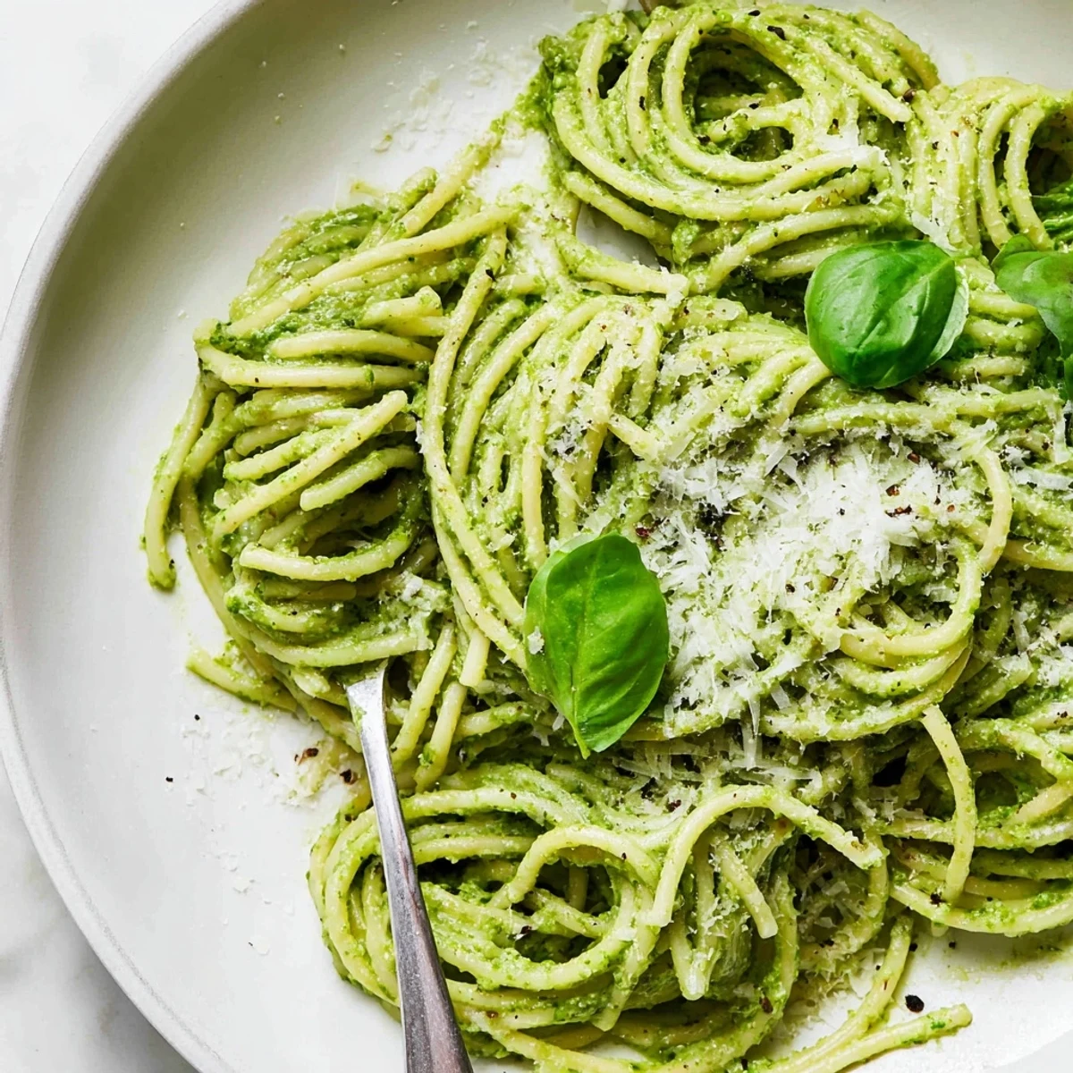 Al dente spaghetti coated in smooth avocado basil spinach pesto garnished with cracked black pepper and Parmesan