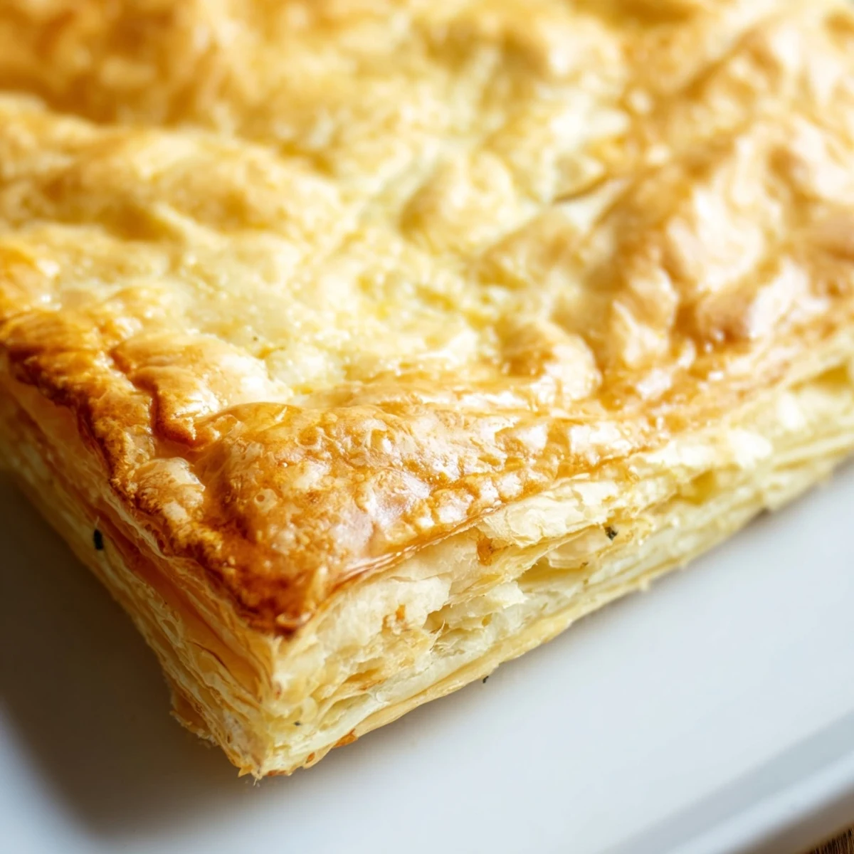 Freshly baked chicken ricotta and herb pie with flaky golden puff pastry crust